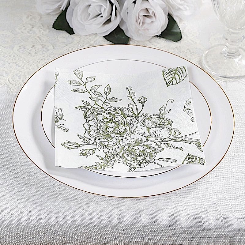 50 White 2-Ply Paper Cocktail Napkins with Matte French Toile Floral Pattern