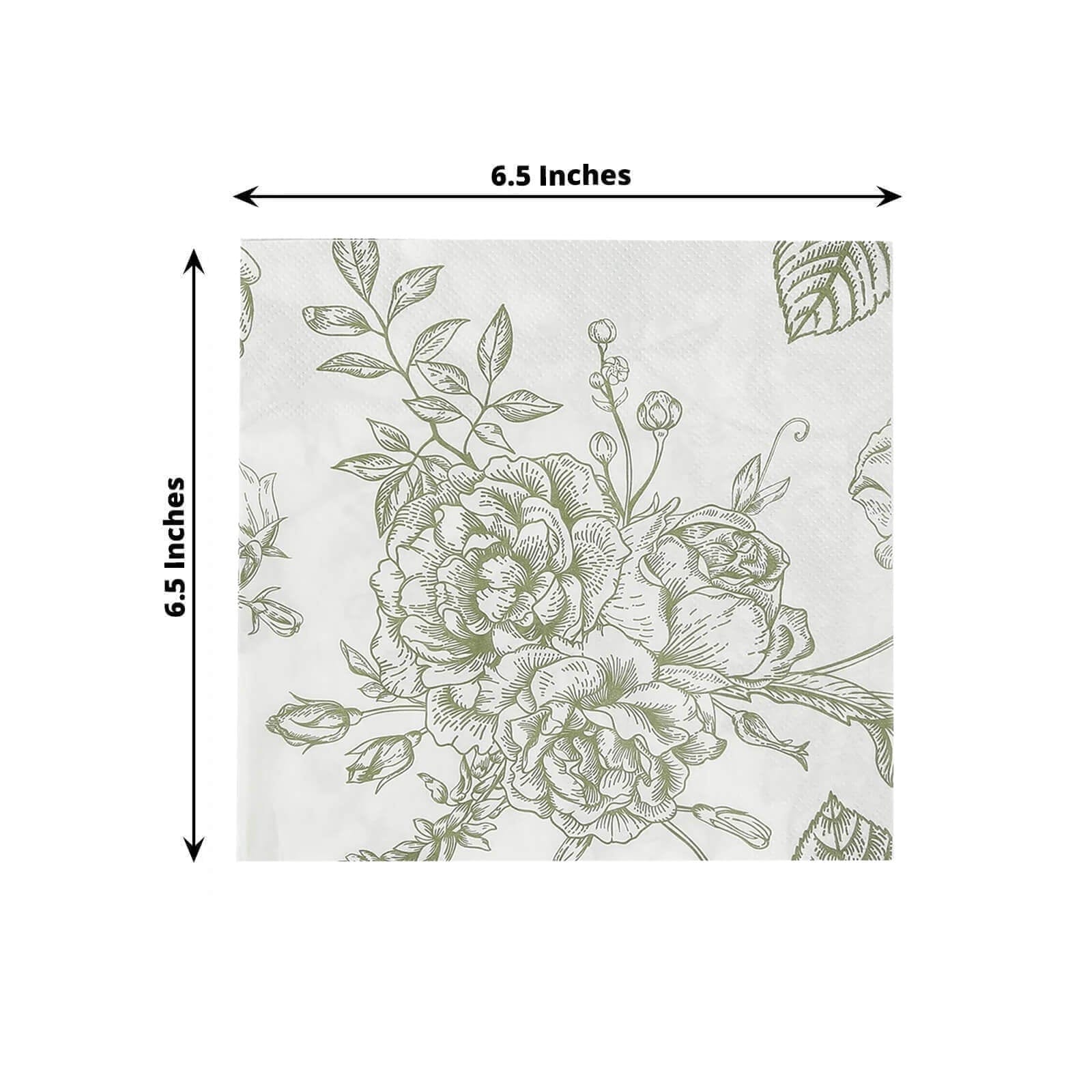 50 White 2-Ply Paper Cocktail Napkins with Matte French Toile Floral Pattern