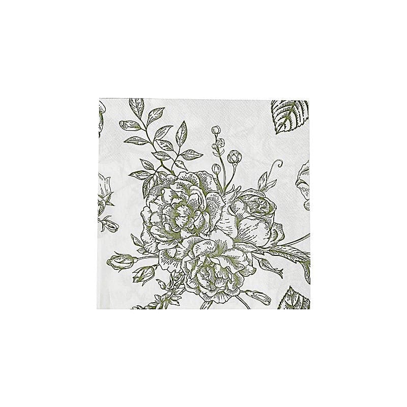 50 White 2-Ply Paper Cocktail Napkins with Matte French Toile Floral Pattern