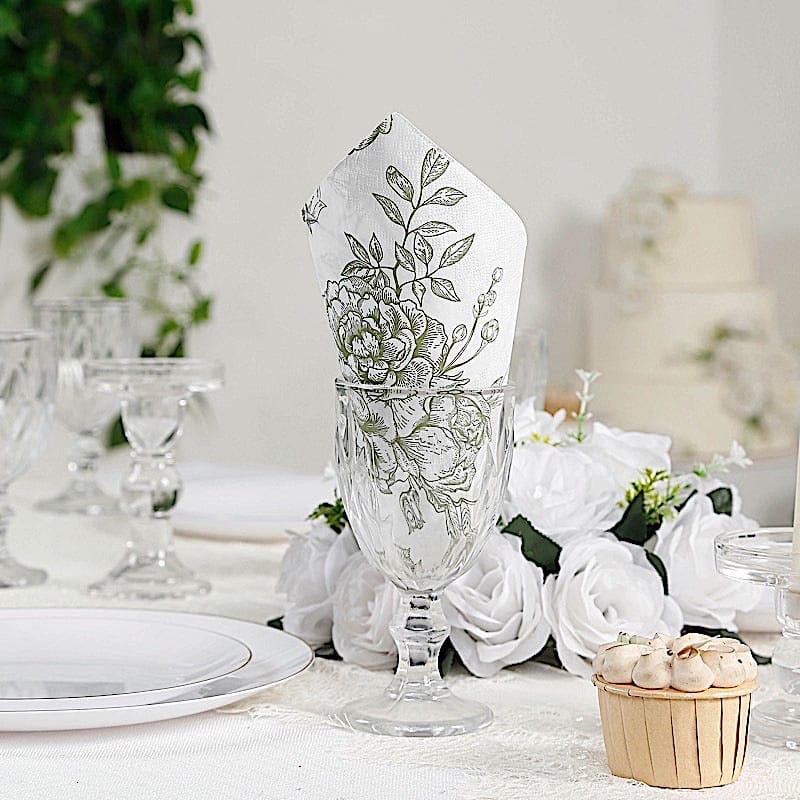 50 White 2-Ply Paper Cocktail Napkins with Matte French Toile Floral Pattern