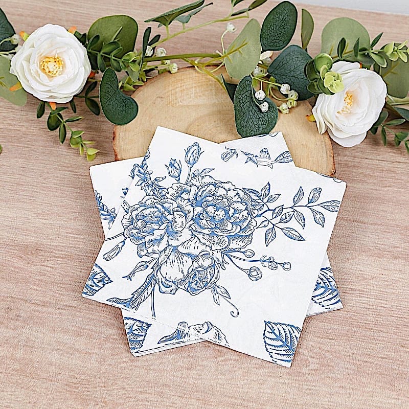 50 White 2-Ply Paper Cocktail Napkins with Matte French Toile Floral Pattern