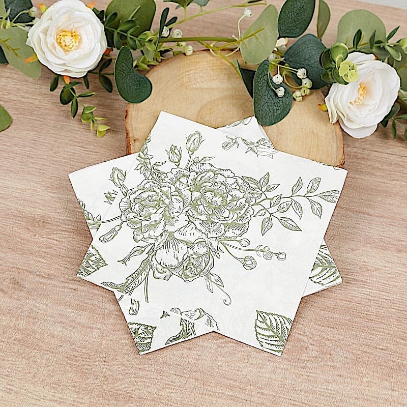 50 White 2-Ply Paper Cocktail Napkins with Matte French Toile Floral Pattern