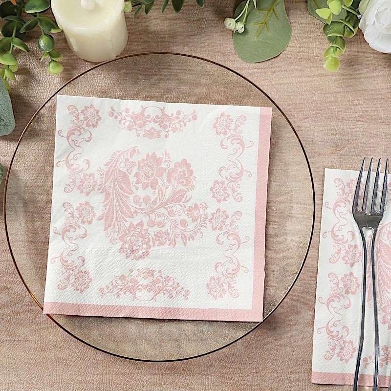 50 White and Pink 13x13 in Paper Cocktail Napkins in French Toile Floral Pattern