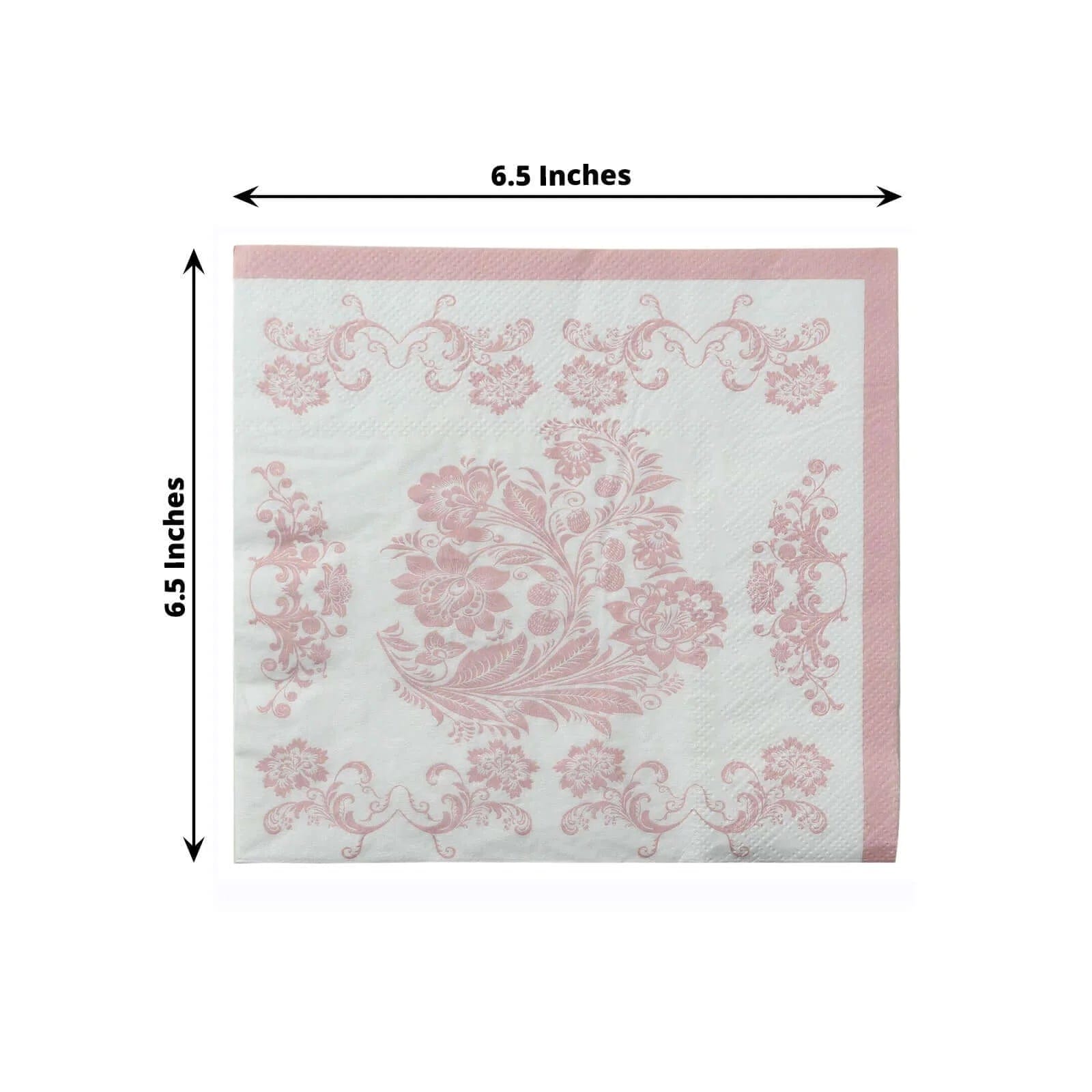 50 White and Pink 13x13 in Paper Cocktail Napkins in French Toile Floral Pattern