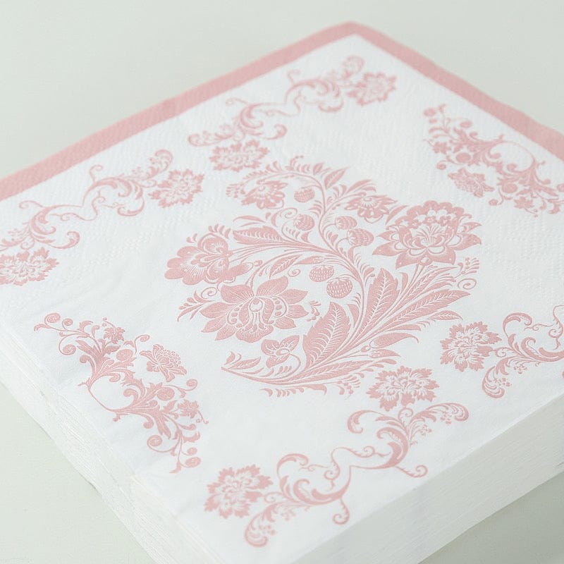 50 White and Pink 13x13 in Paper Cocktail Napkins in French Toile Floral Pattern