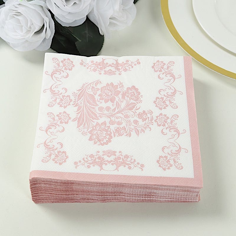 50 White and Pink 13x13 in Paper Cocktail Napkins in French Toile Floral Pattern