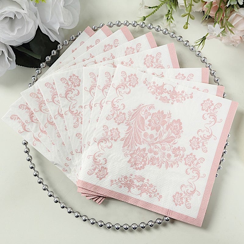 50 White and Pink 13x13 in Paper Cocktail Napkins in French Toile Floral Pattern