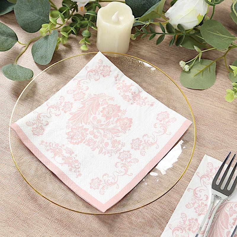 50 White and Pink 13x13 in Paper Cocktail Napkins in French Toile Floral Pattern