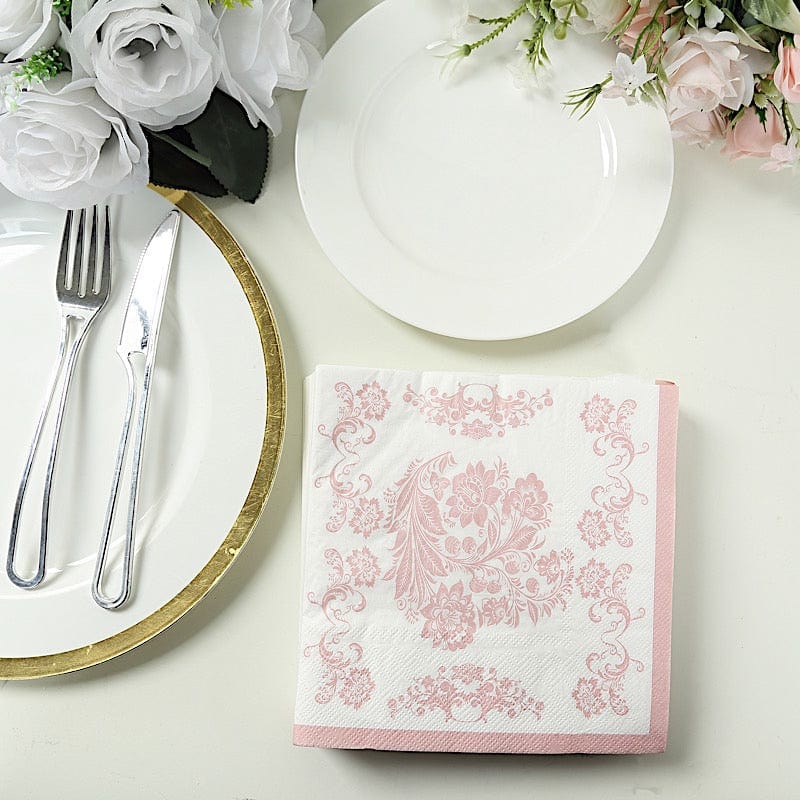 50 White and Pink 13x13 in Paper Cocktail Napkins in French Toile Floral Pattern