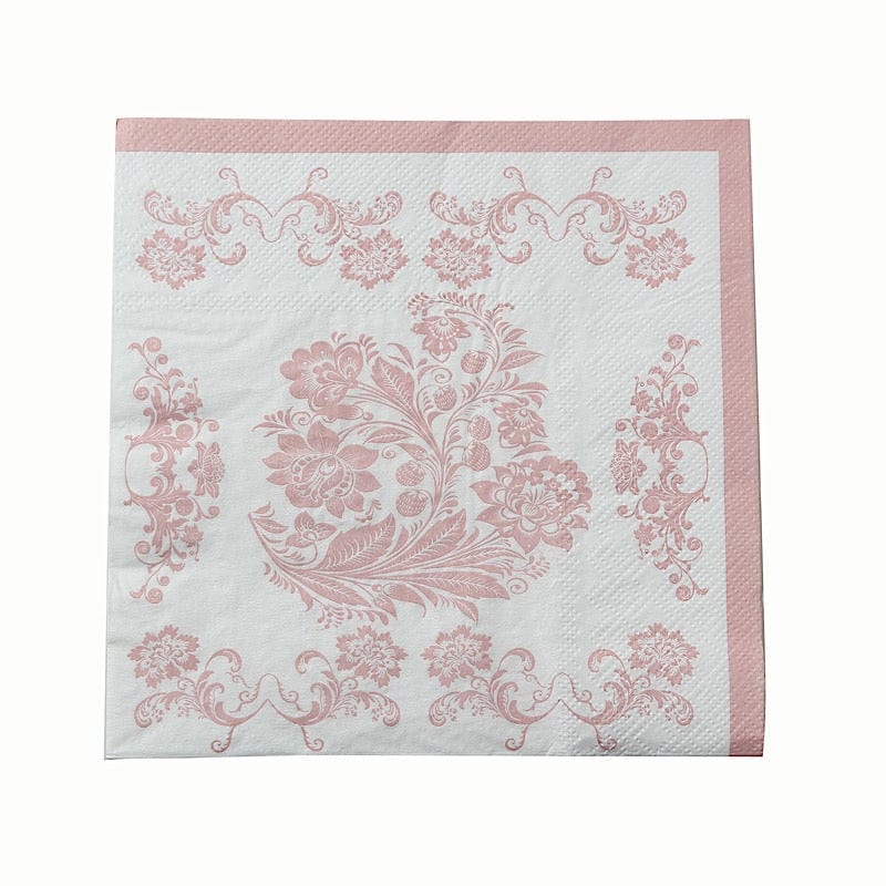 50 White and Pink 13x13 in Paper Cocktail Napkins in French Toile Floral Pattern