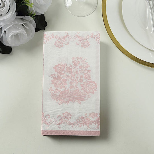 50 White and Pink Paper Dinner Napkins in French Toile Floral Pattern