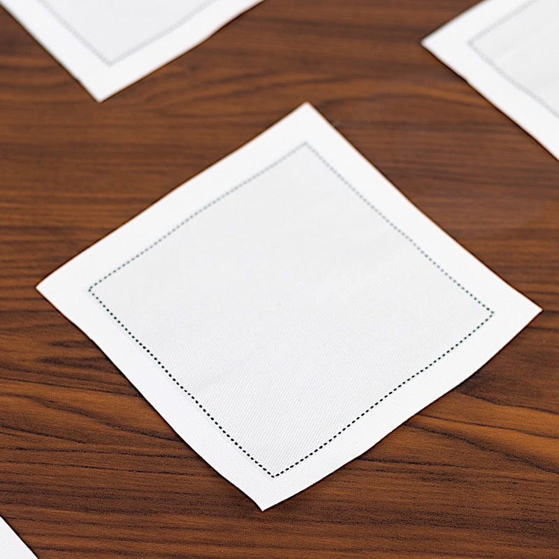 50 White Disposable Cotton Cocktail Napkins with Black Hemstitched Border