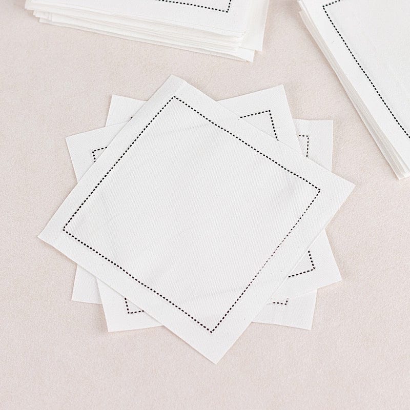 50 White Disposable Cotton Cocktail Napkins with Black Hemstitched Border