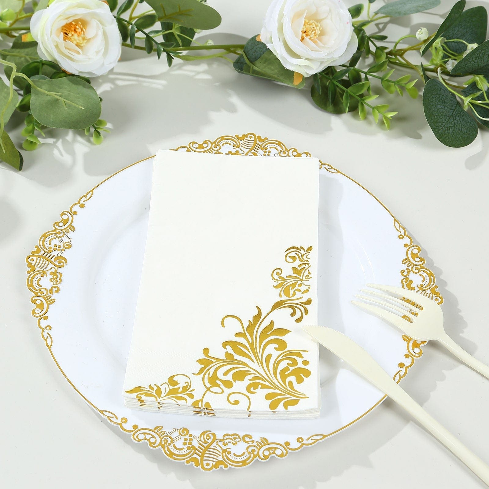 50 White Disposable Paper Napkins with Gold Baroque Floral Print