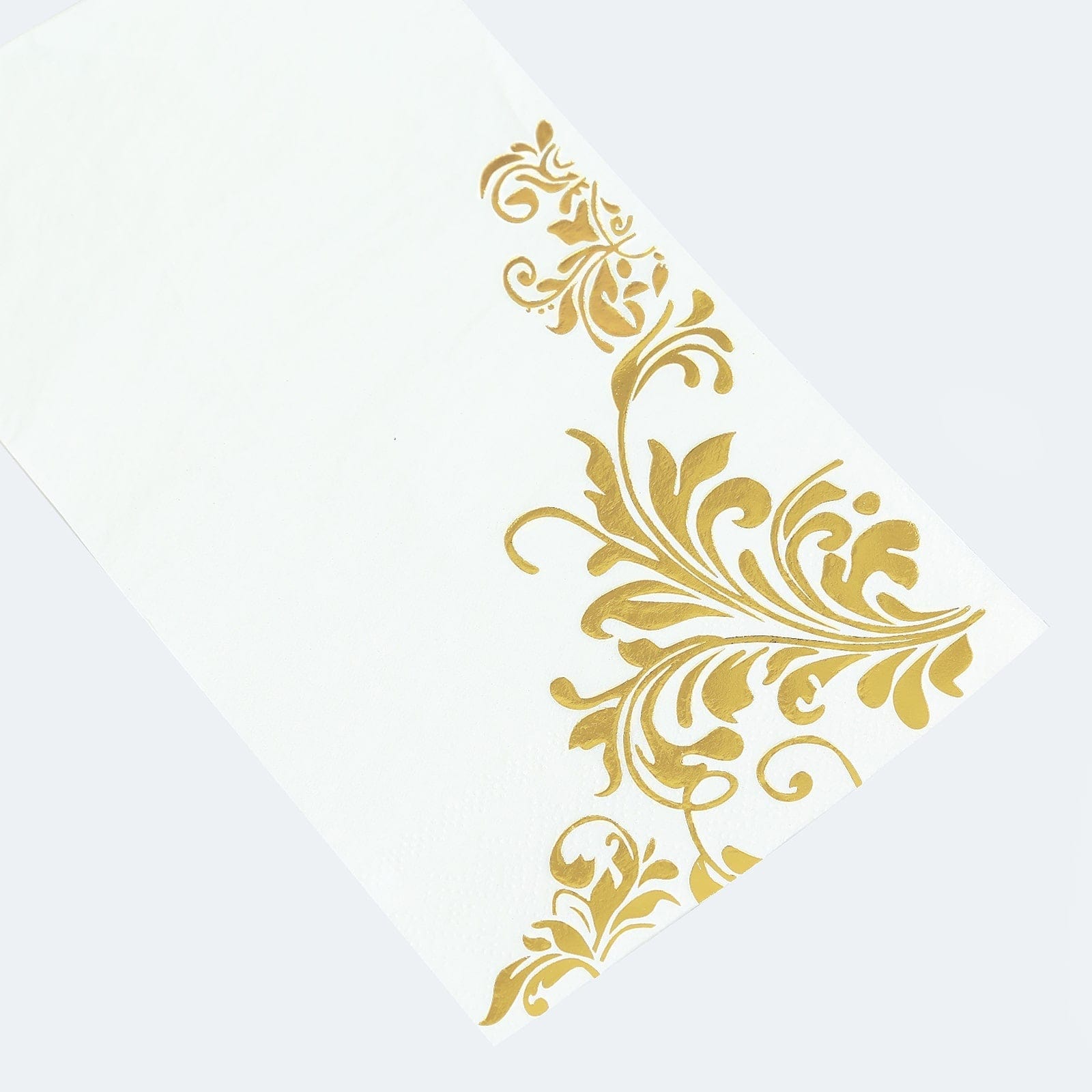 50 White Disposable Paper Napkins with Gold Baroque Floral Print