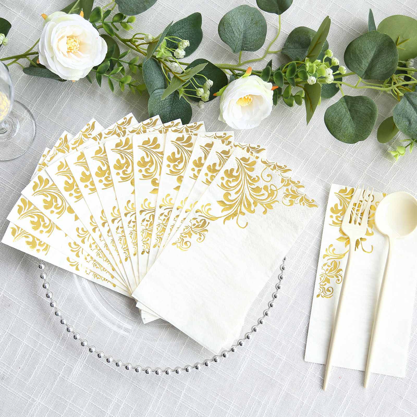 50 White Disposable Paper Napkins with Gold Baroque Floral Print