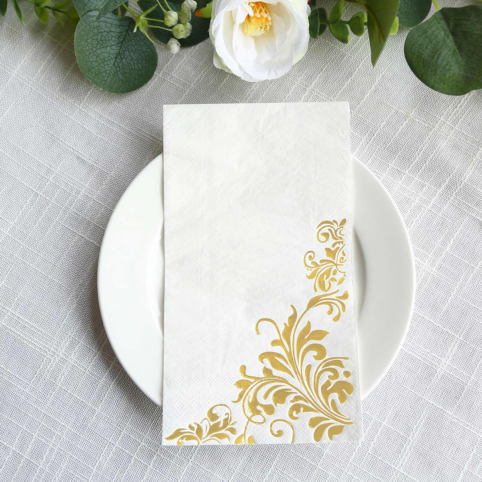 50 White Disposable Paper Napkins with Gold Baroque Floral Print