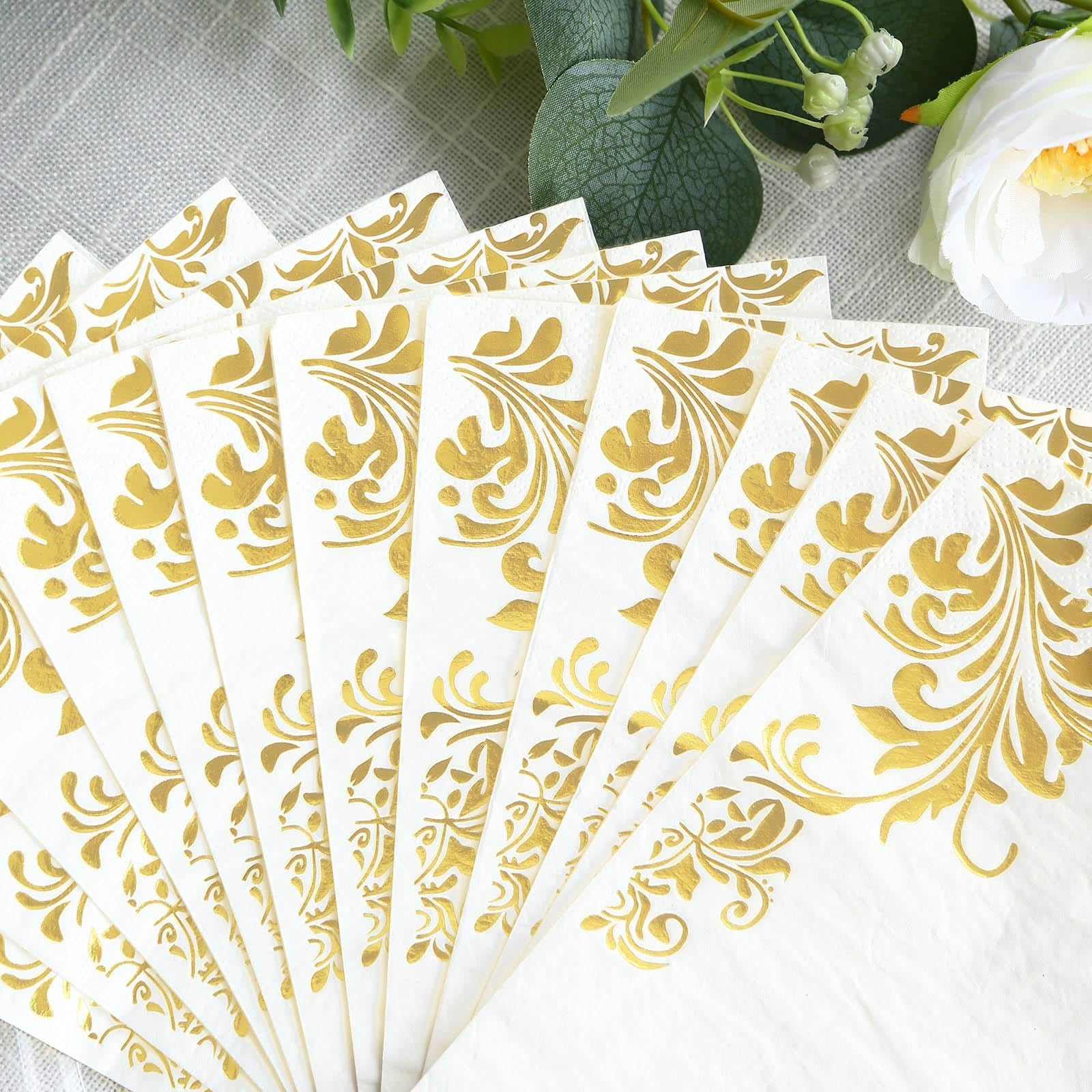 50 White Disposable Paper Napkins with Gold Baroque Floral Print