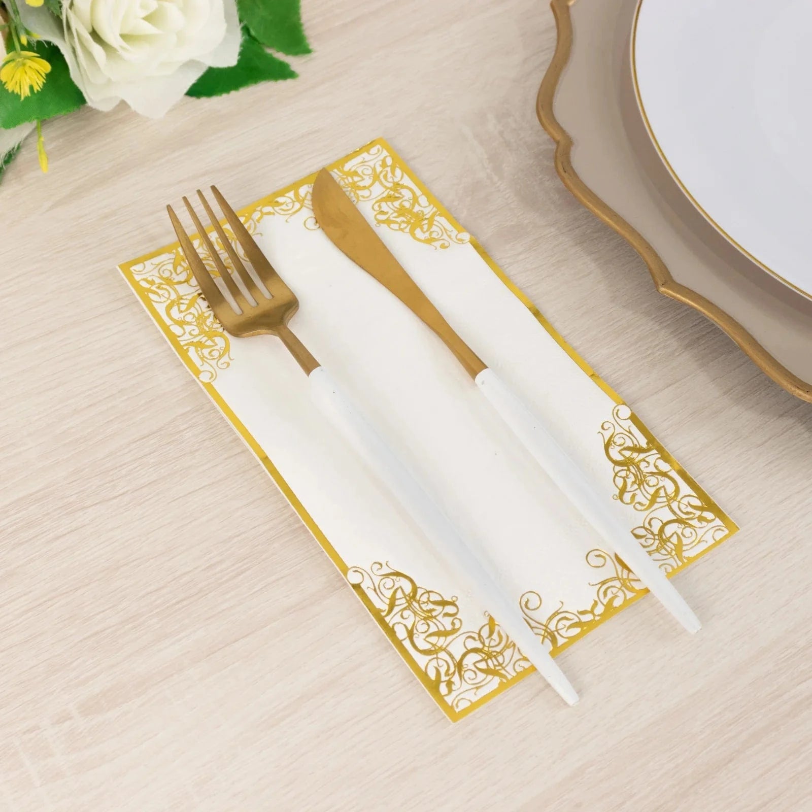 50 White Soft Dinner Paper Napkins with Gold Foil Lace Design