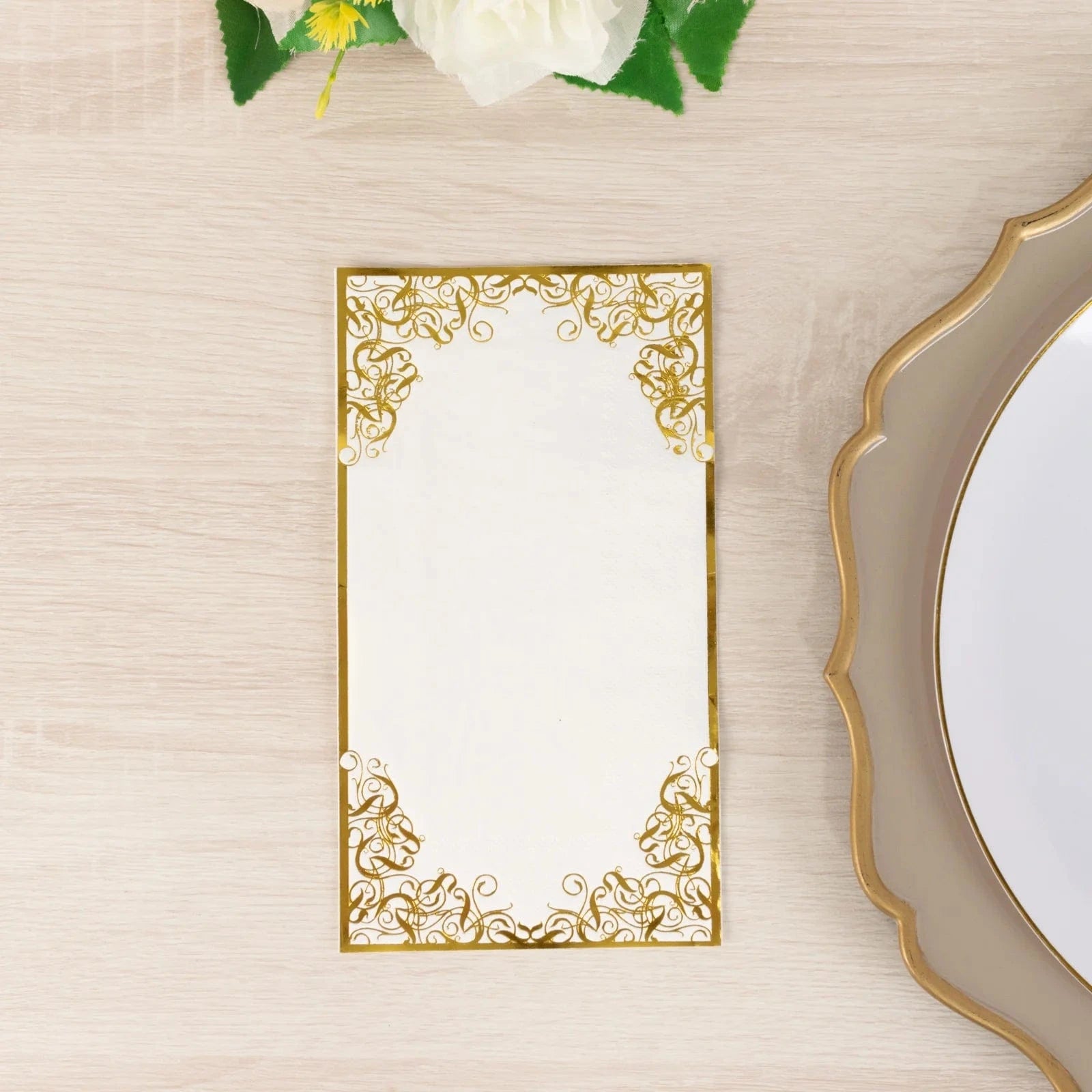 50 White Soft Dinner Paper Napkins with Gold Foil Lace Design