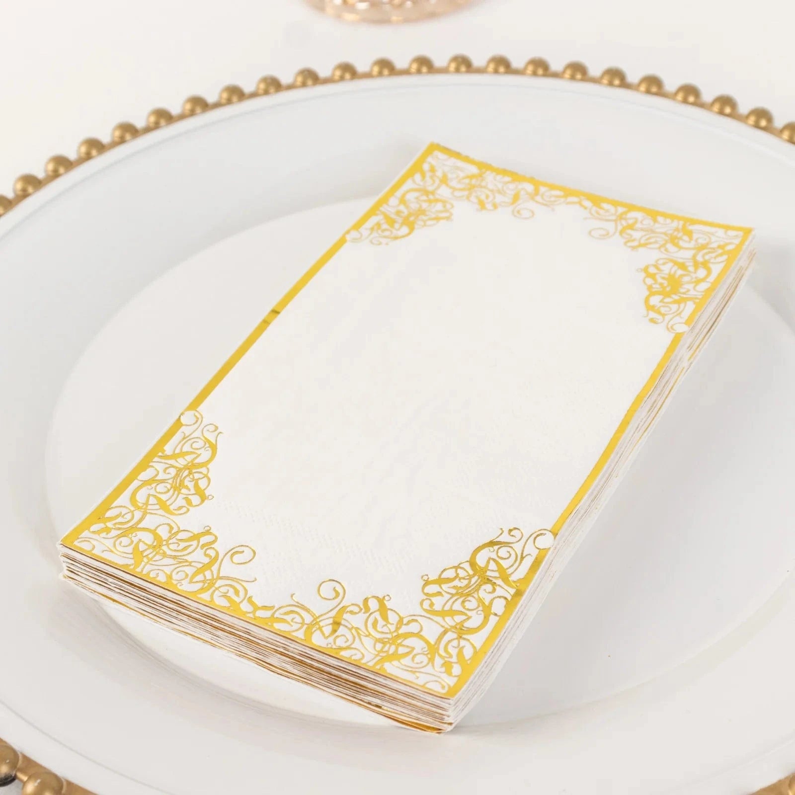 50 White Soft Dinner Paper Napkins with Gold Foil Lace Design