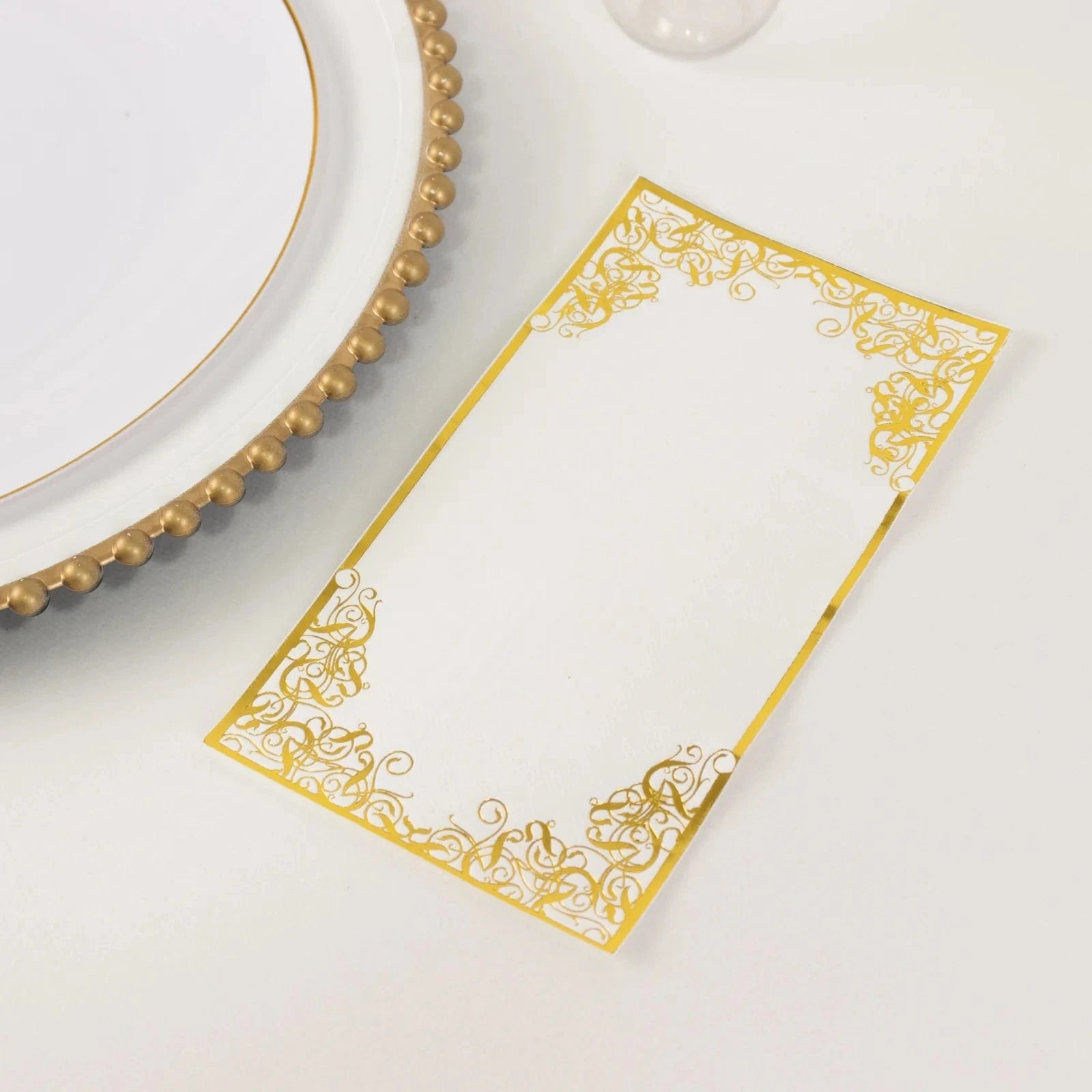 50 White Soft Dinner Paper Napkins with Gold Foil Lace Design