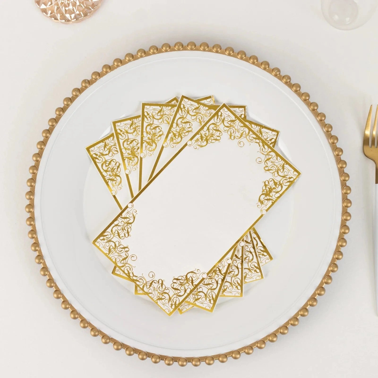 50 White Soft Dinner Paper Napkins with Gold Foil Lace Design