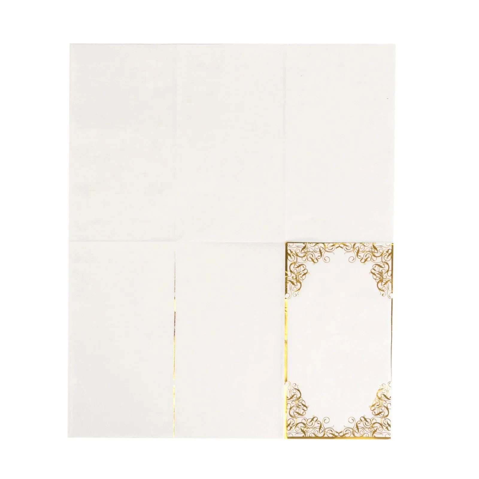 50 White Soft Dinner Paper Napkins with Gold Foil Lace Design