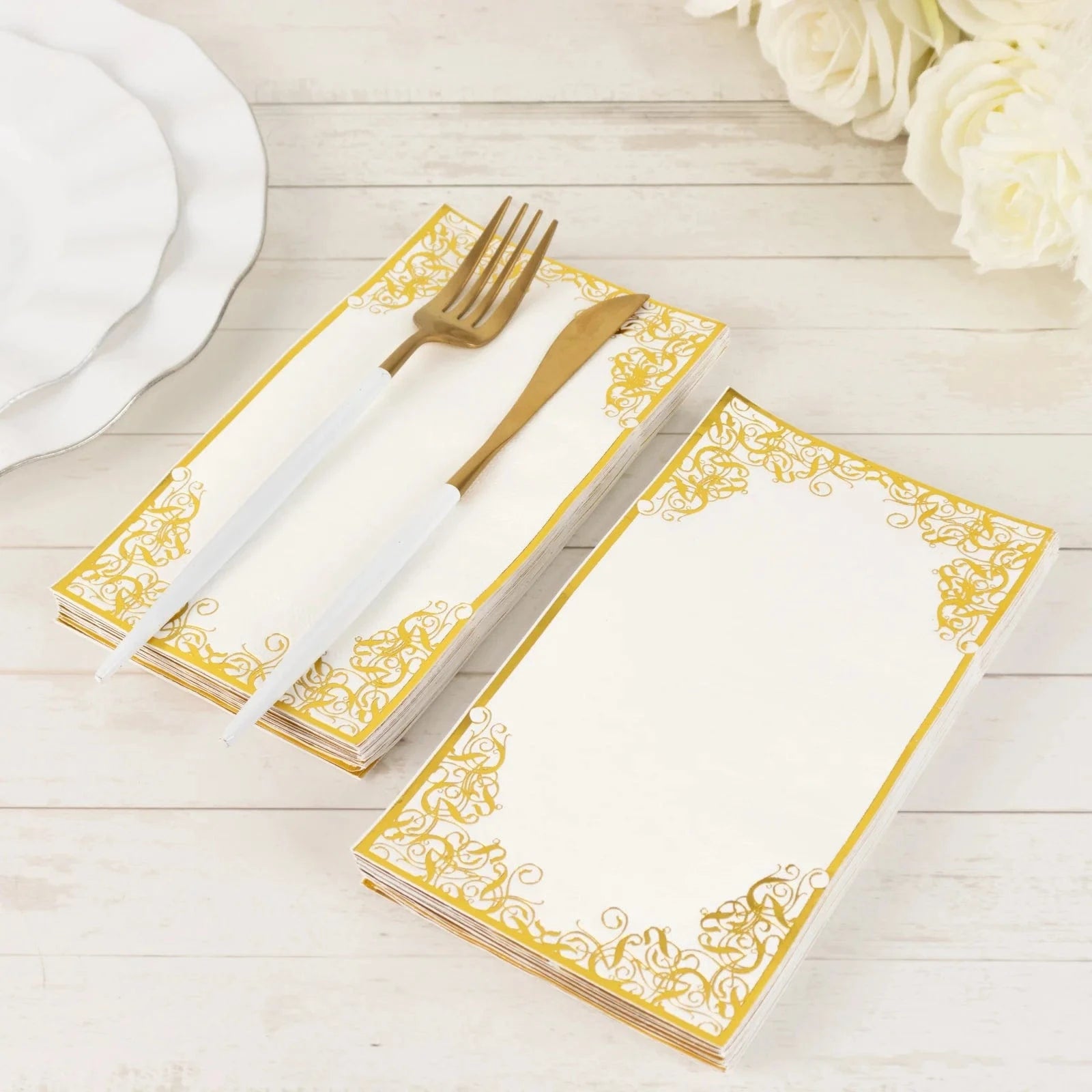 50 White Soft Dinner Paper Napkins with Gold Foil Lace Design