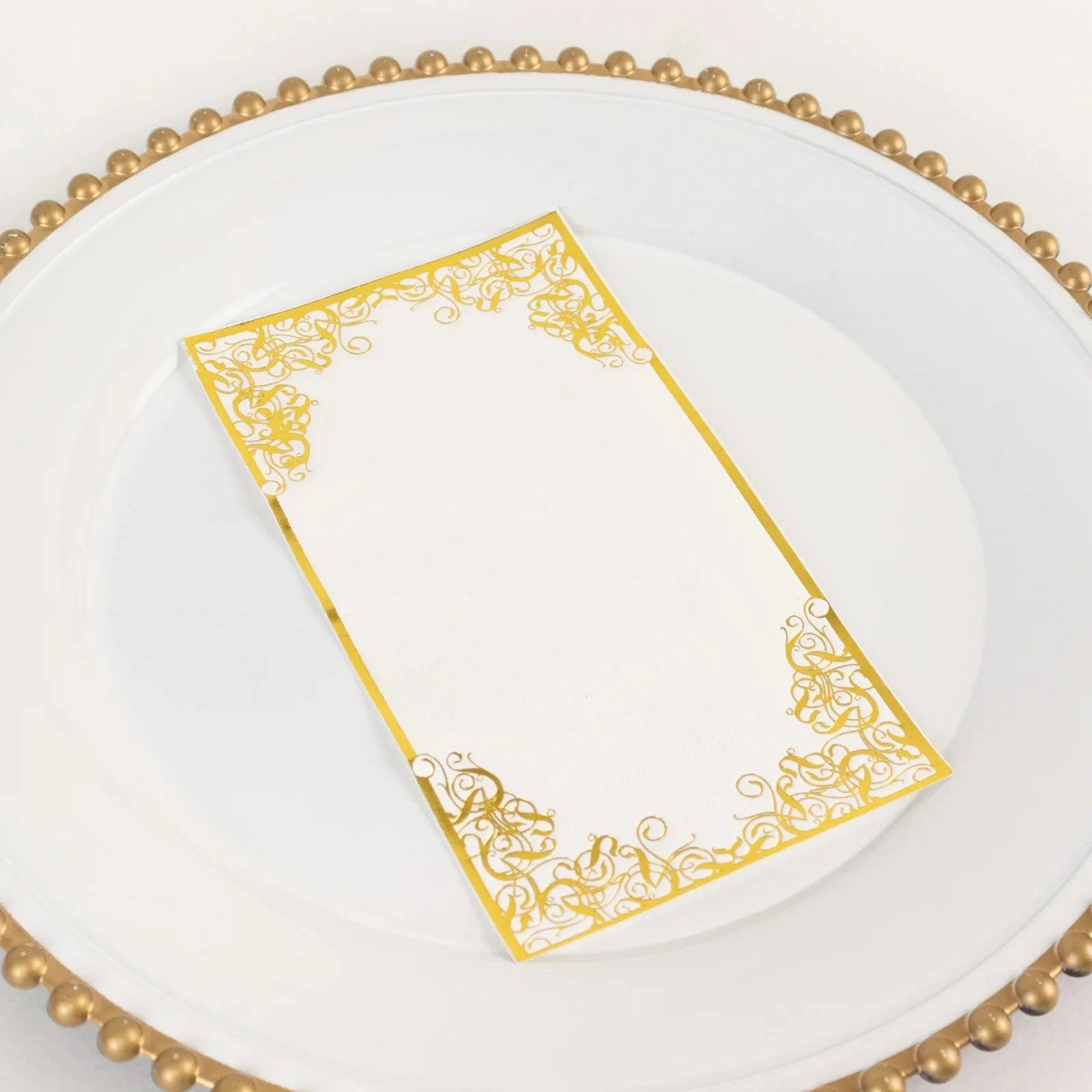 50 White Soft Dinner Paper Napkins with Gold Foil Lace Design