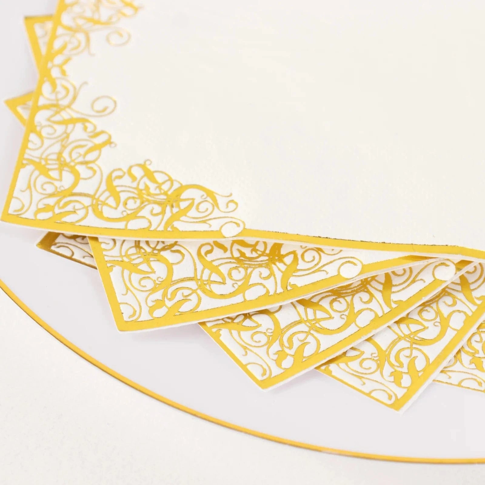 50 White Soft Dinner Paper Napkins with Gold Foil Lace Design