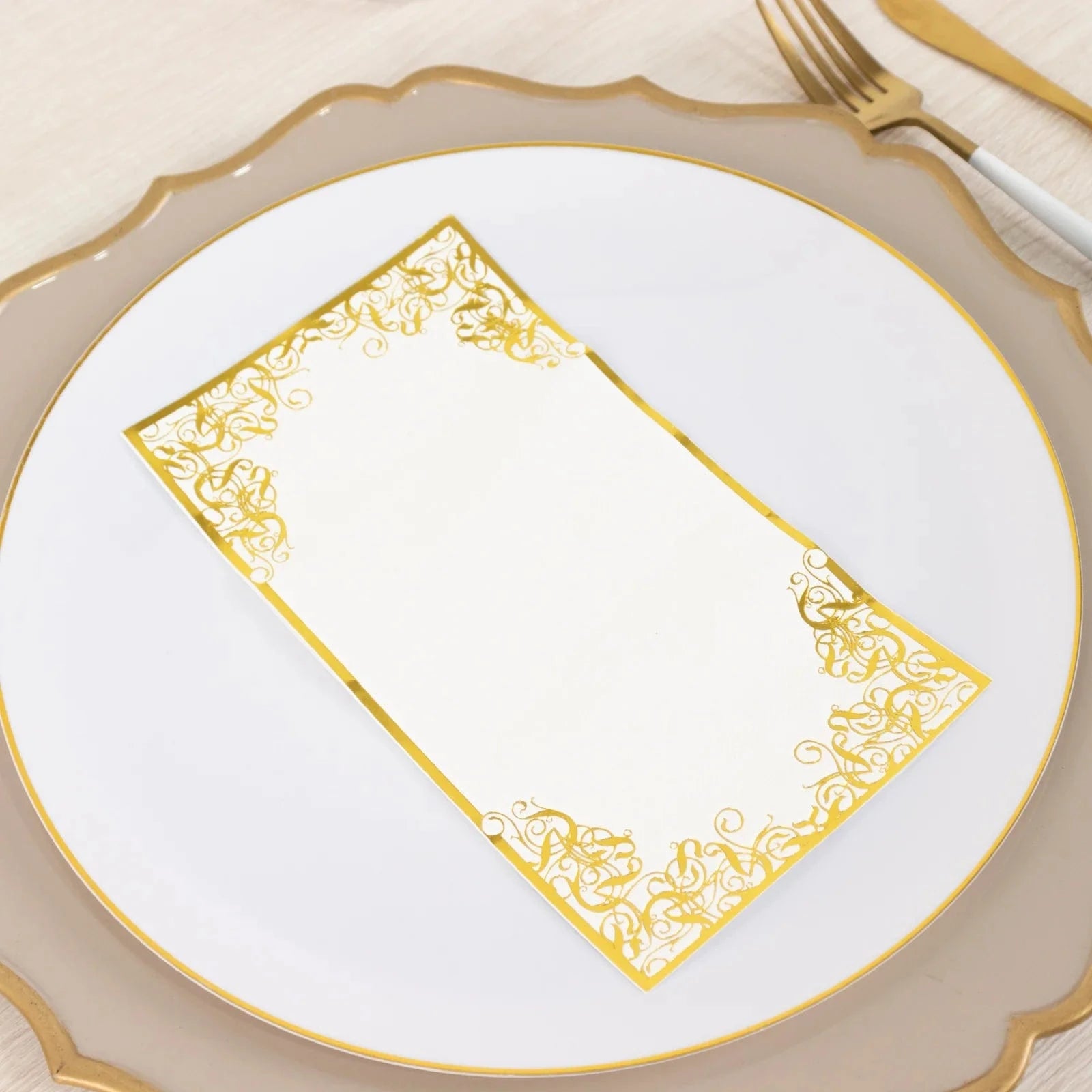 50 White Soft Dinner Paper Napkins with Gold Foil Lace Design