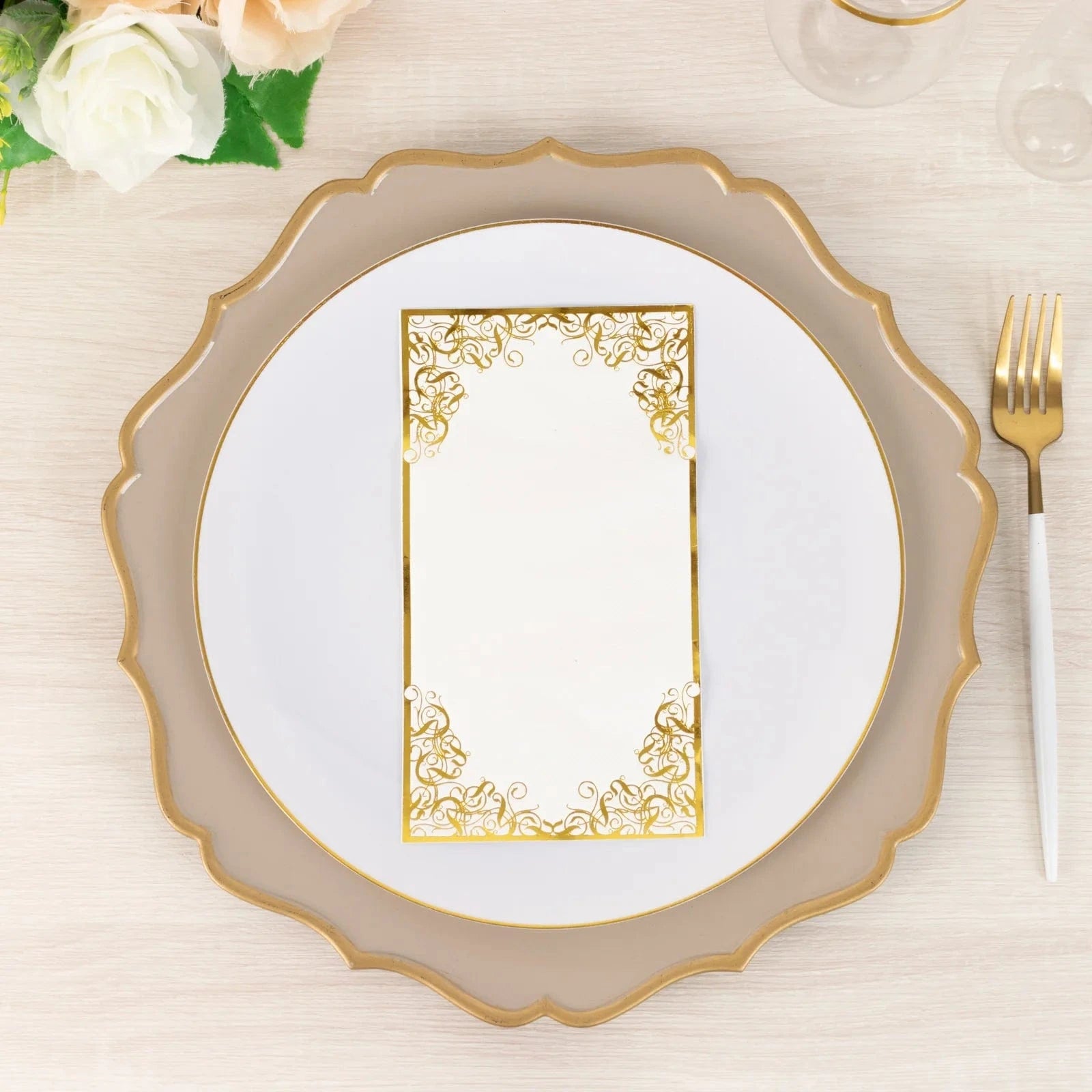 50 White Soft Dinner Paper Napkins with Gold Foil Lace Design