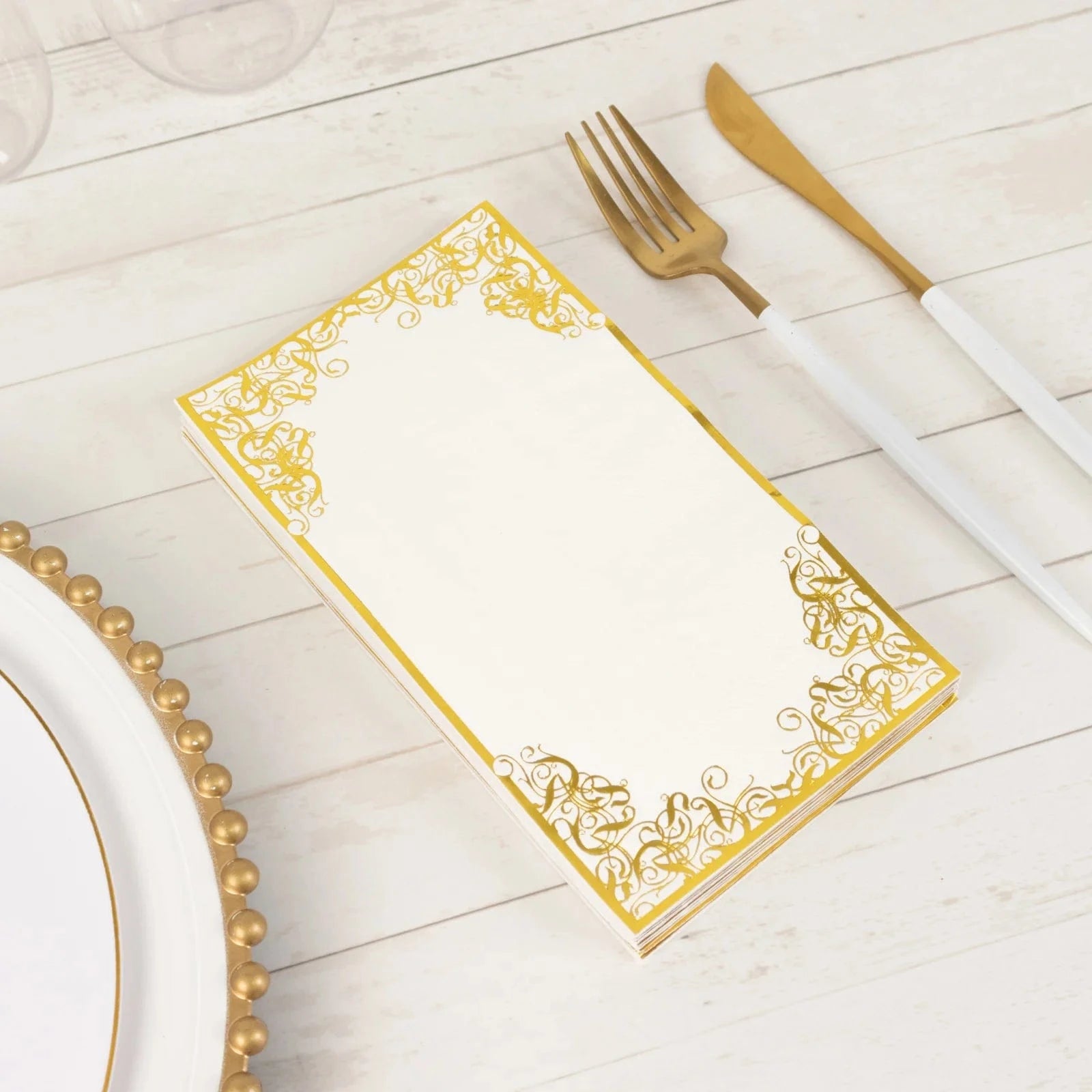 50 White Soft Dinner Paper Napkins with Gold Foil Lace Design