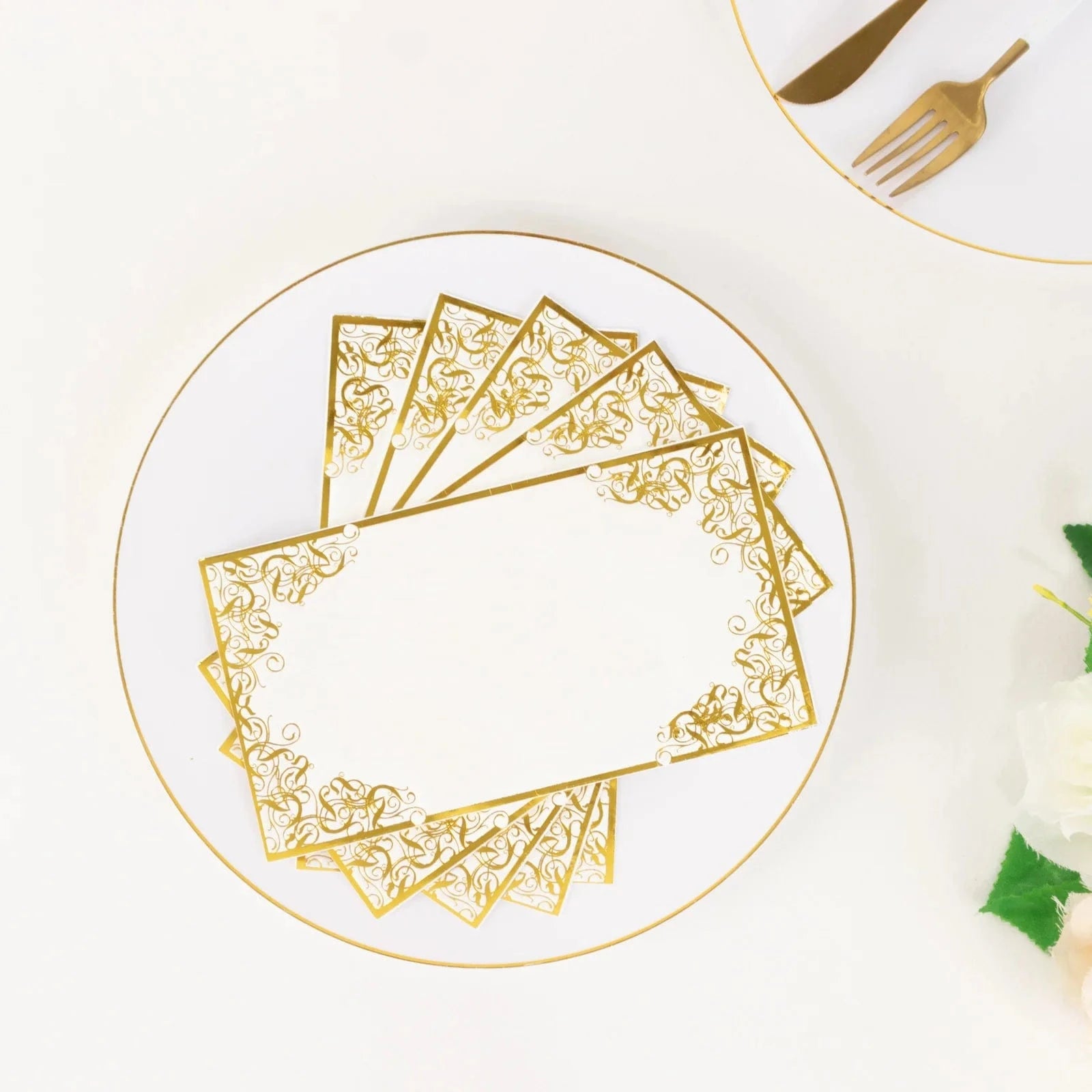 50 White Soft Dinner Paper Napkins with Gold Foil Lace Design