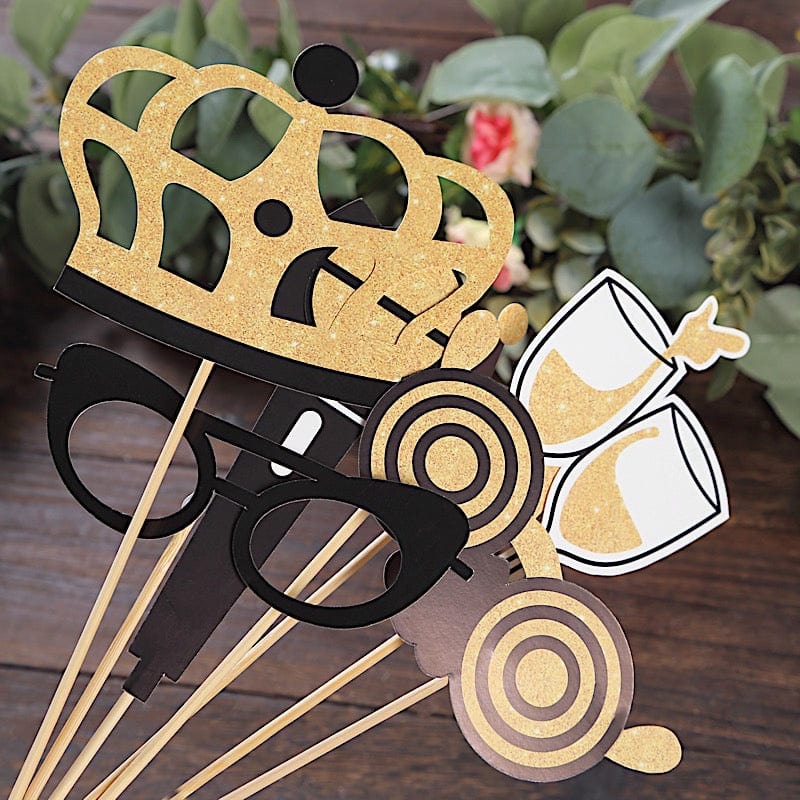 24 Vintage Black and Gold Glitter Party Photo Booth Props
