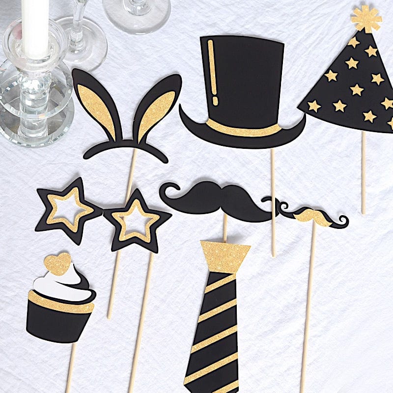 24 Vintage Black and Gold Glitter Party Photo Booth Props