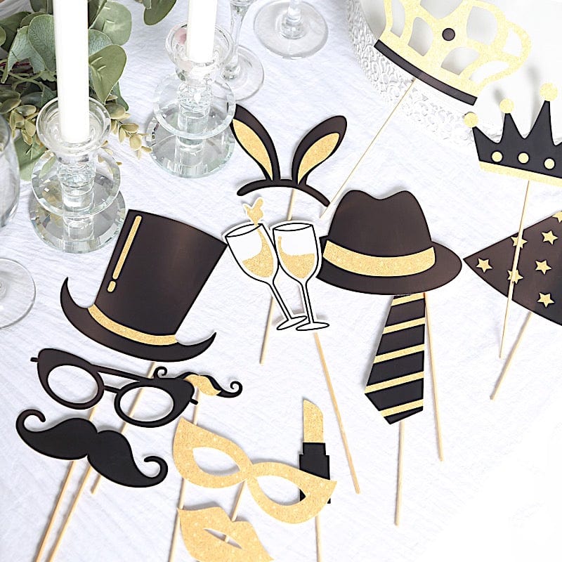 24 Vintage Black and Gold Glitter Party Photo Booth Props