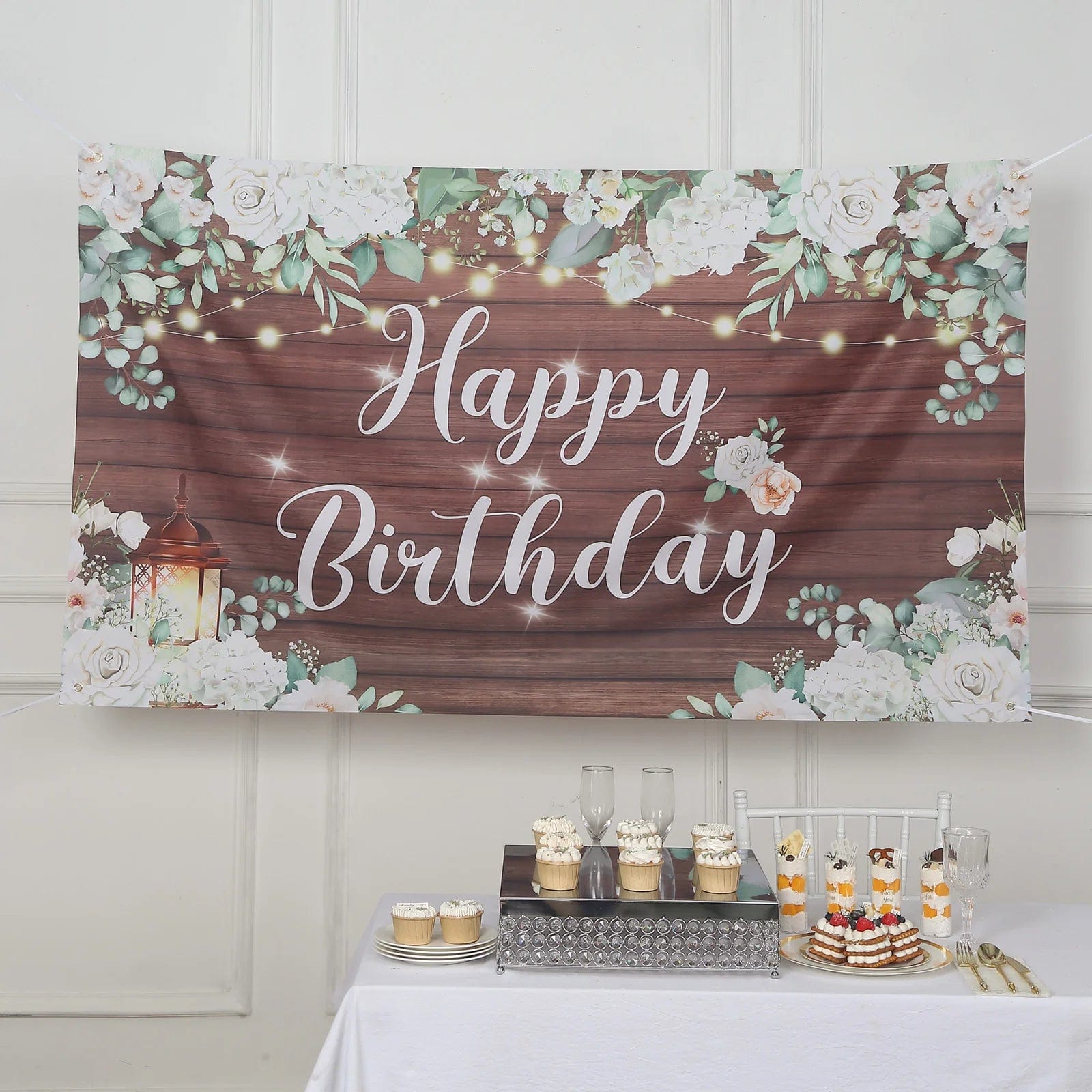 Brown and White 6x3 feet Happy Birthday Wood and Floral Printed Party Backdrop