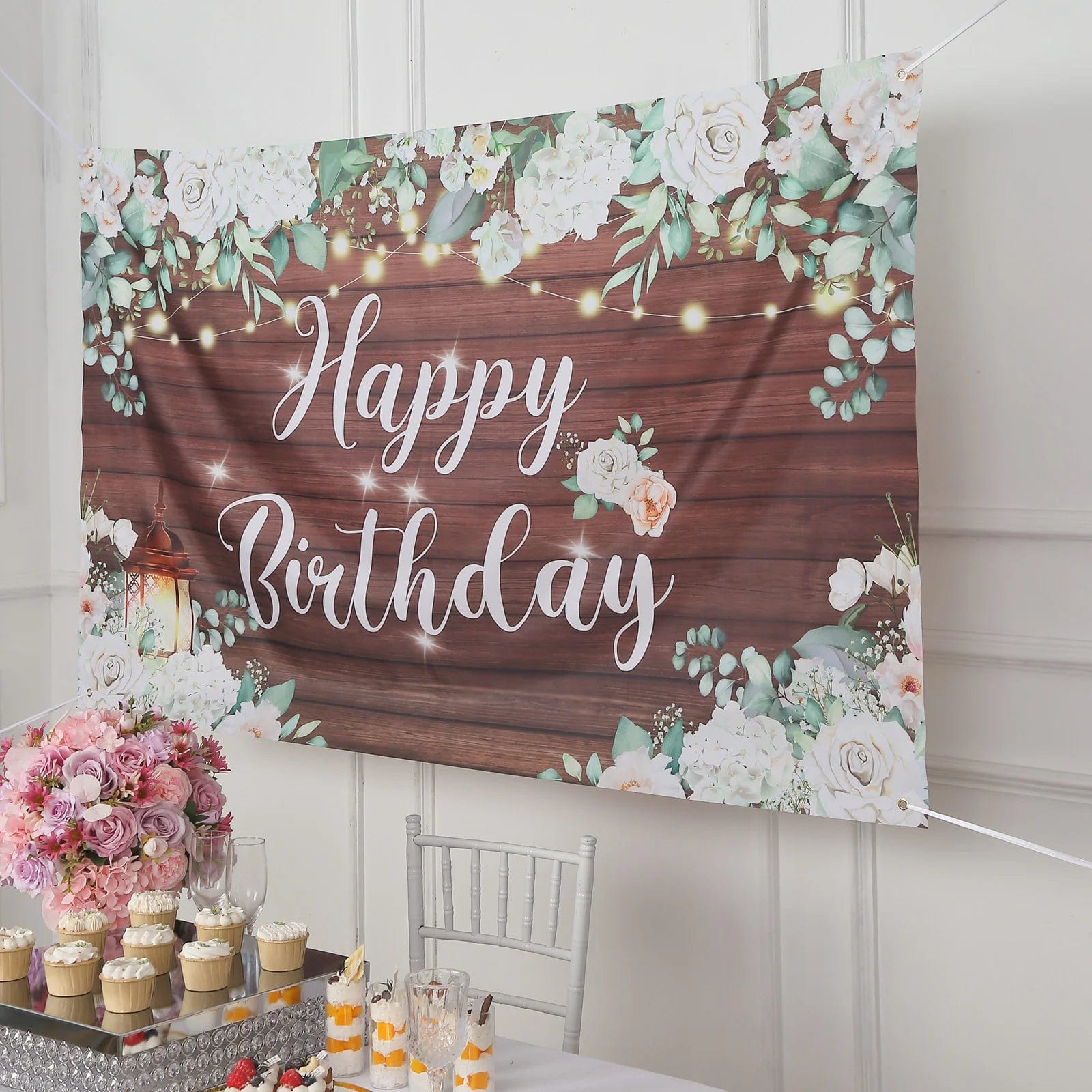 Brown and White 6x3 feet Happy Birthday Wood and Floral Printed Party Backdrop