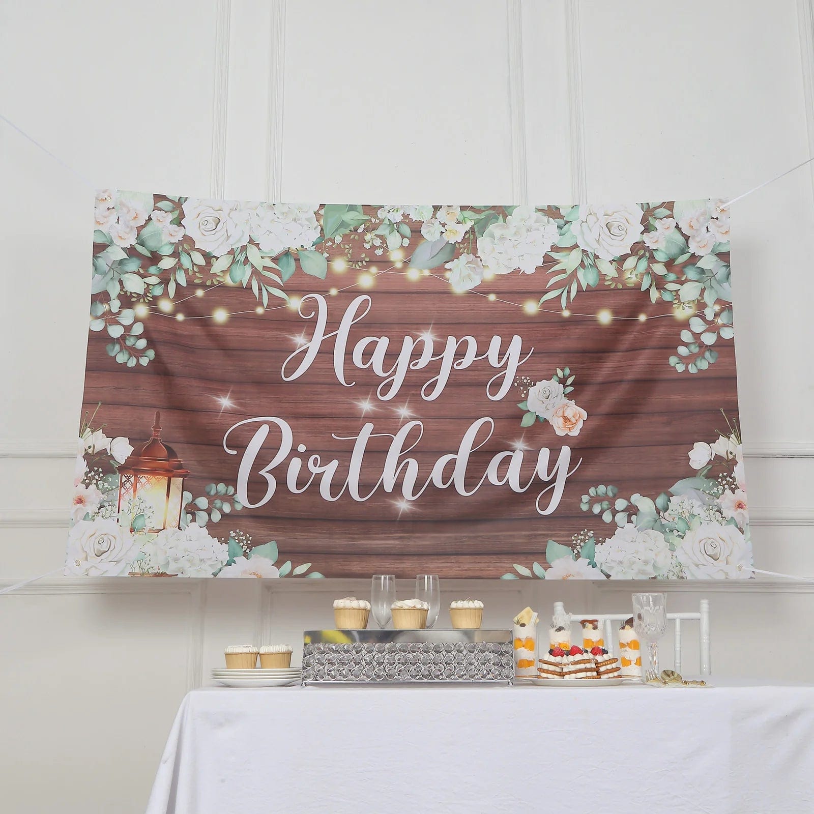 Brown and White 6x3 feet Happy Birthday Wood and Floral Printed Party Backdrop