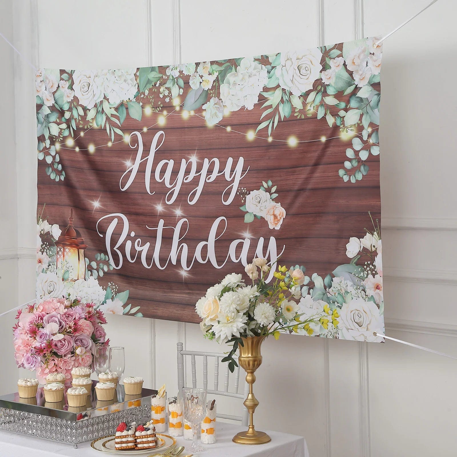 Brown and White 6x3 feet Happy Birthday Wood and Floral Printed Party Backdrop