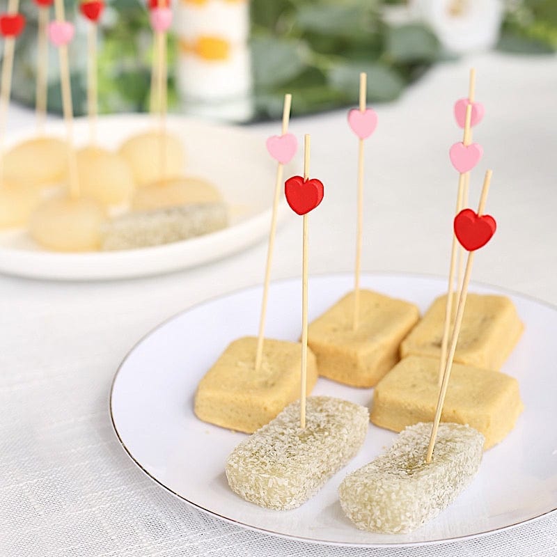 100 Natural Bamboo Skewers Red and Pink Heart Top Sustainable Cocktail Picks
