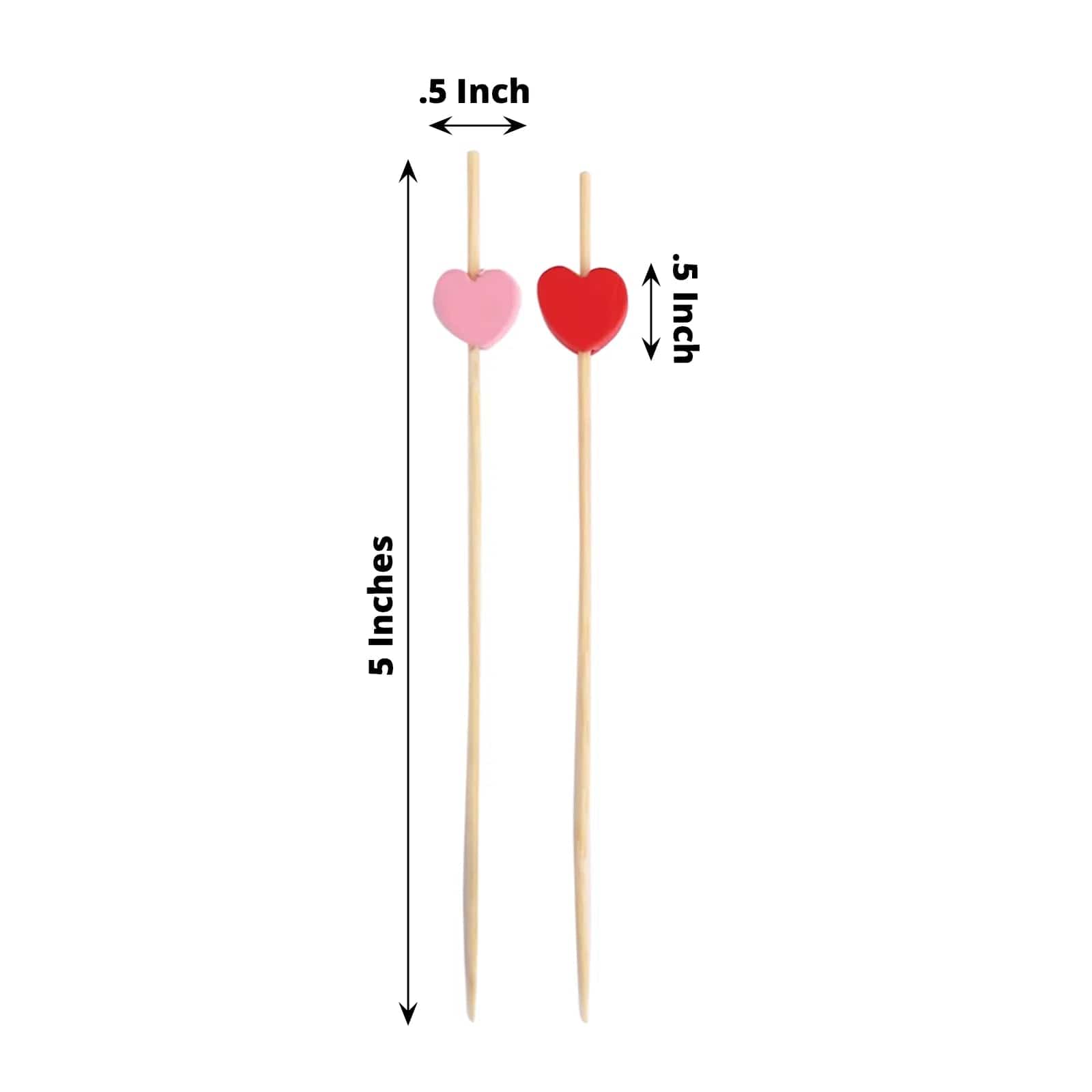 100 Natural Bamboo Skewers Red and Pink Heart Top Sustainable Cocktail Picks