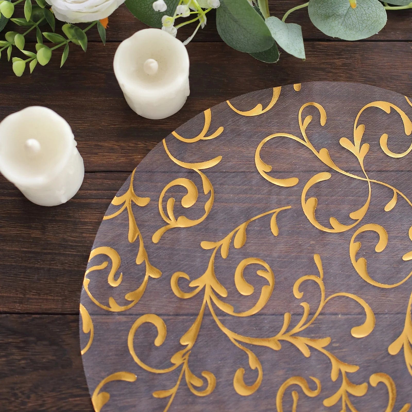 10 Round 13 in Sheer Organza Placemats with Metallic Embossed Floral Design
