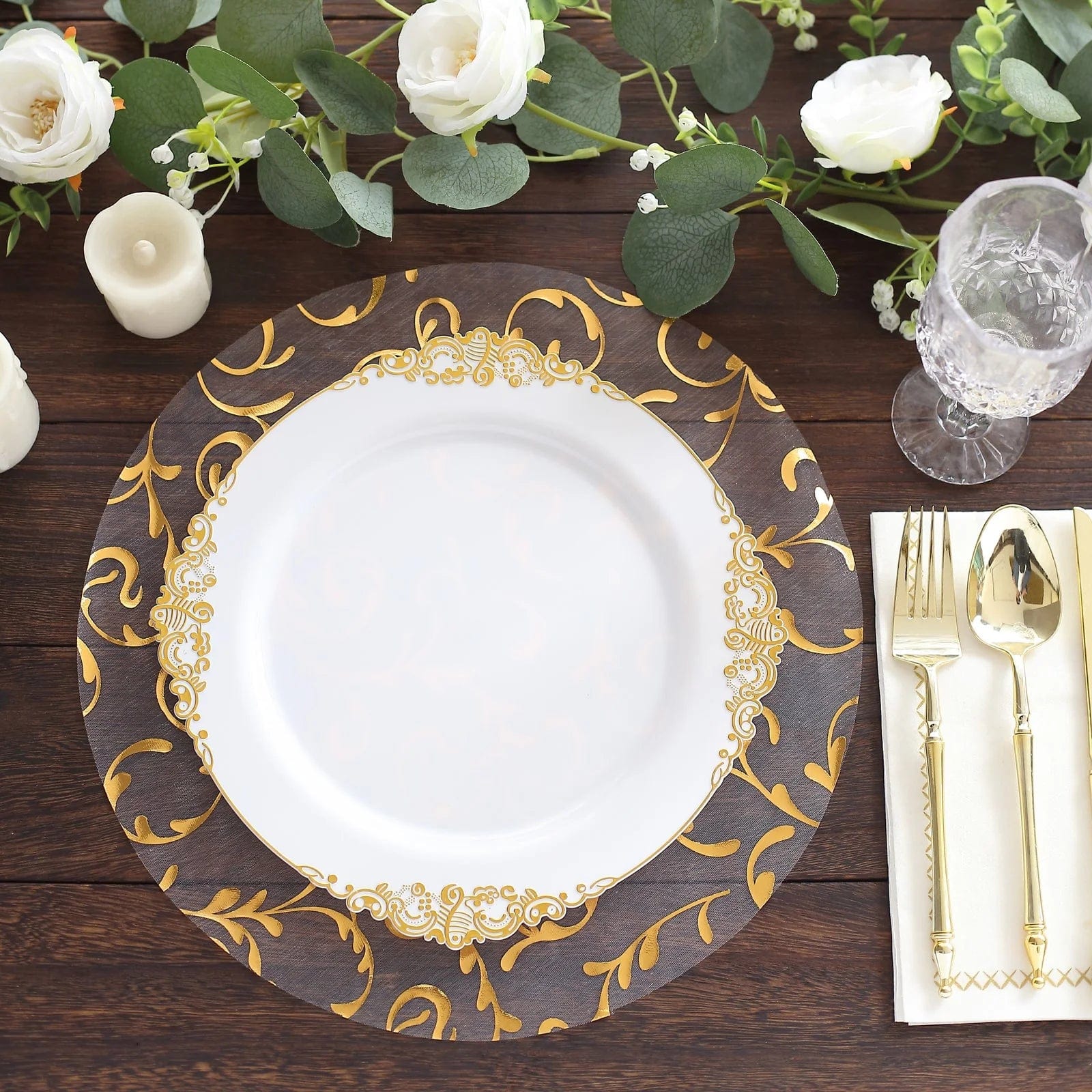 10 Round 13 in Sheer Organza Placemats with Metallic Embossed Floral Design
