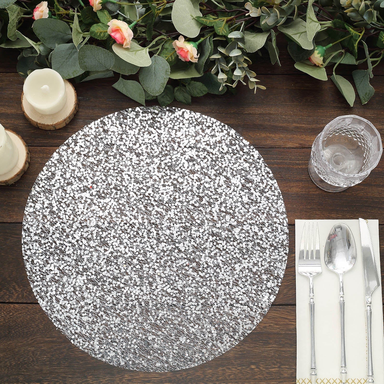 10 Metallic 13 in Round Polyester Mesh with Sequins Table Placemats
