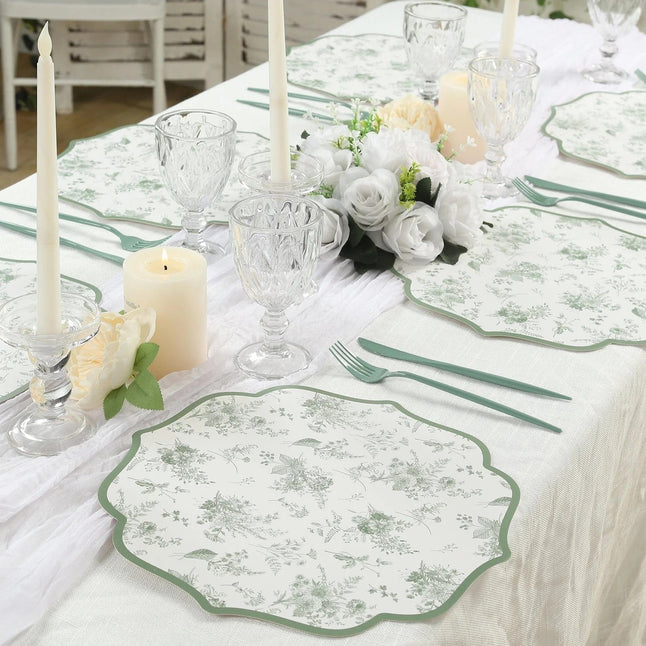 10 White and Sage Green Disposable Cardboard Paper Placemats with French Toile Pattern