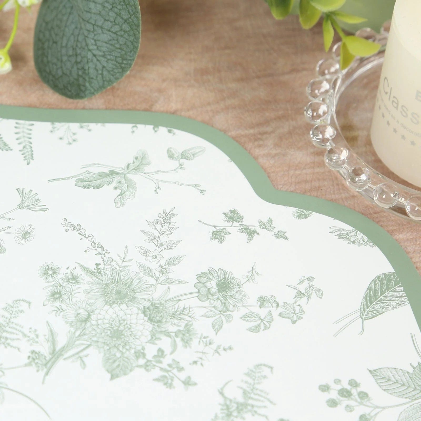 10 White and Sage Green Disposable Cardboard Paper Placemats with French Toile Pattern
