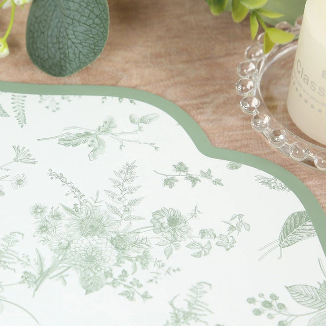 10 White and Sage Green Disposable Cardboard Paper Placemats with French Toile Pattern